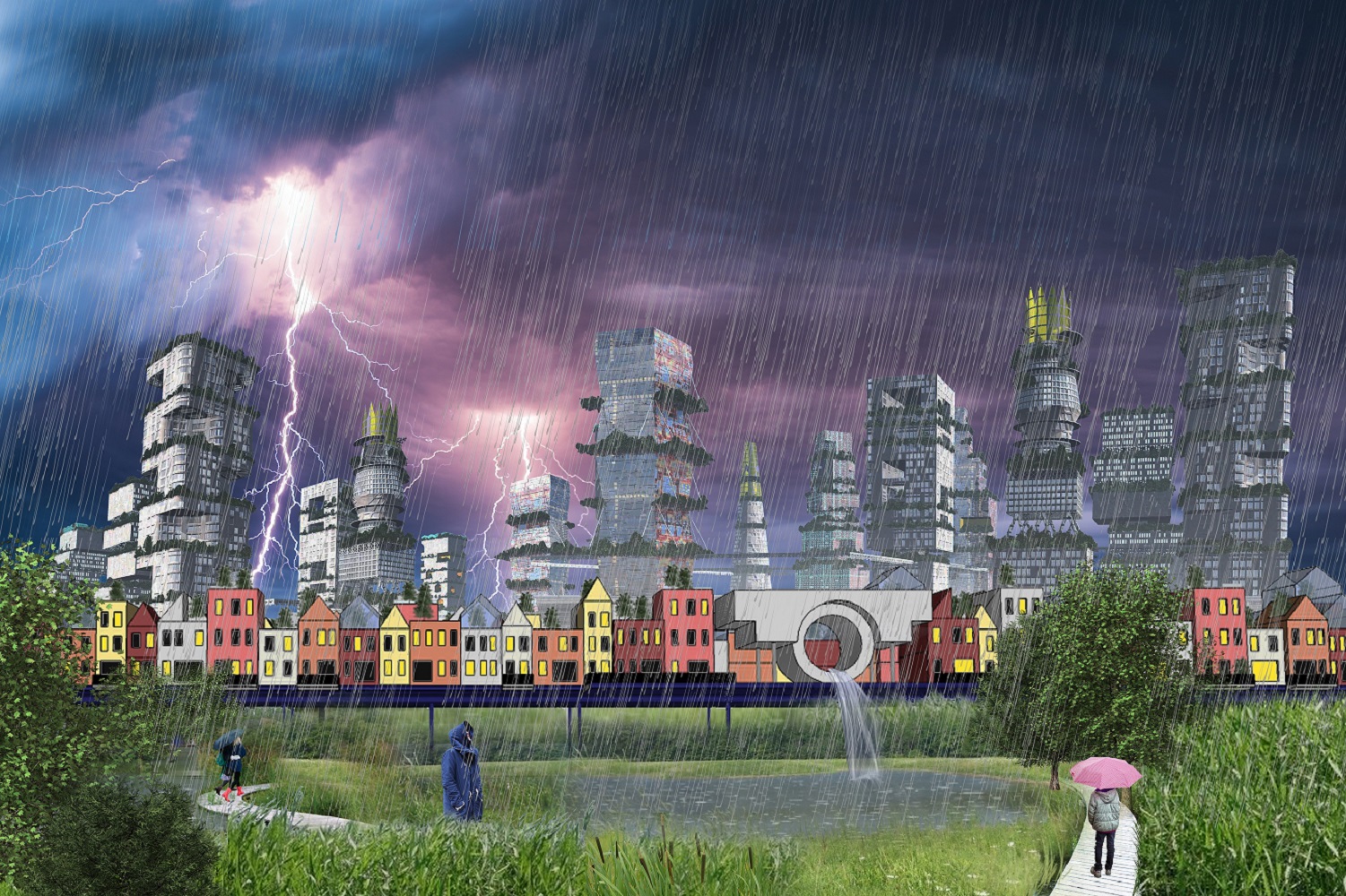 schenkpark met regen in ontwerpstudie stad van de toekomst 